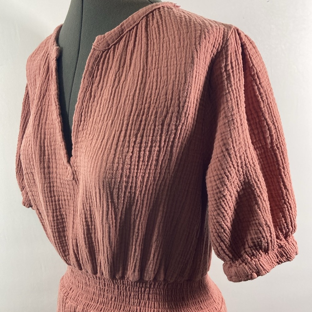 Just Living Dress Women Size XS Mauve 100% Cotton V Neck Elastic Waist & Sleeves - Picture 5 of 9